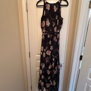 SLNY Black and Pink Halter Maxi Dress for Weddings